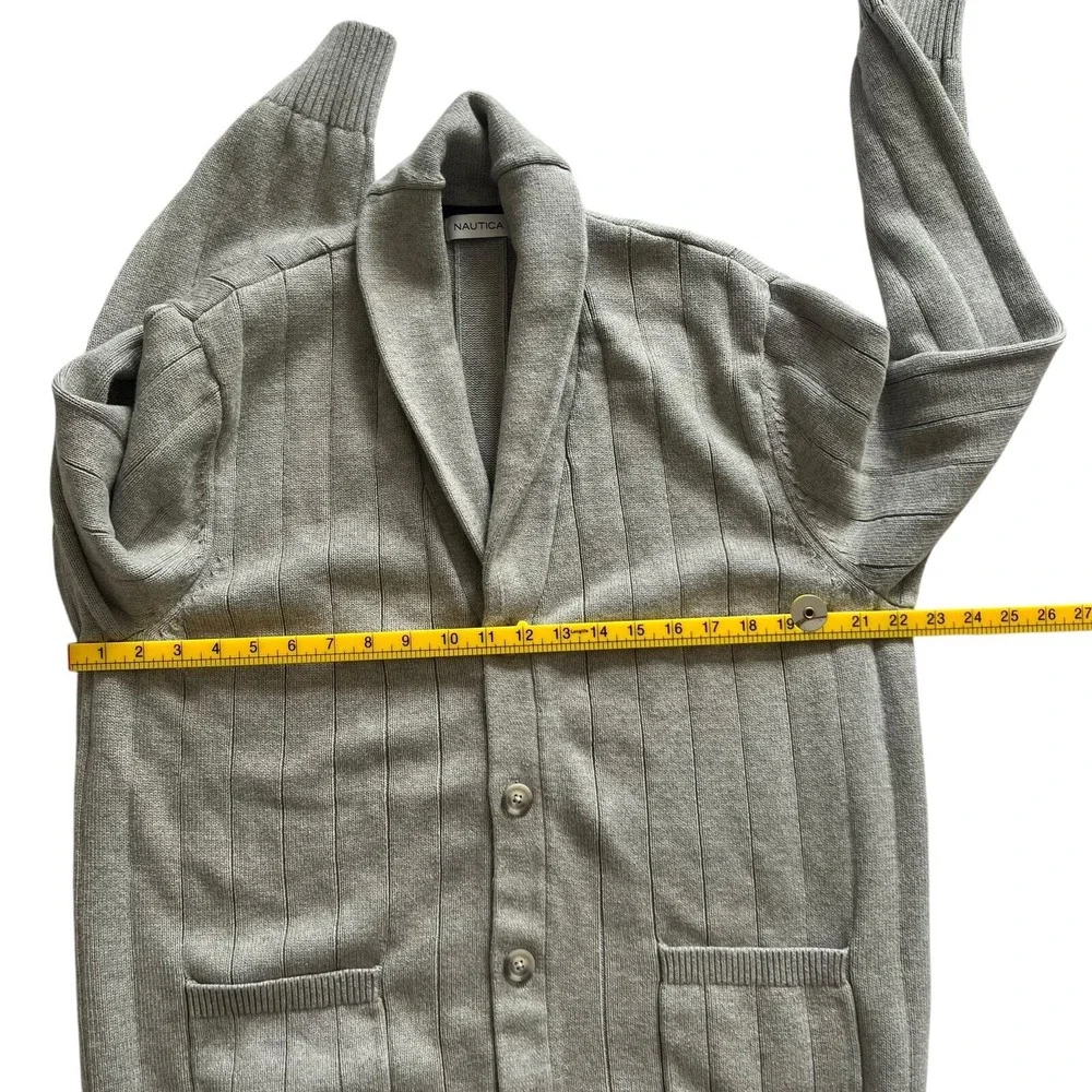 Nautica Mens XL Shawl Collar‎ Cardigan Sweater Gray Ribbed Cotton Button Front